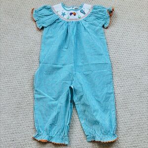 Lil cactus Girls Teal Gingham Romper with Sea Life smocked Embroidery